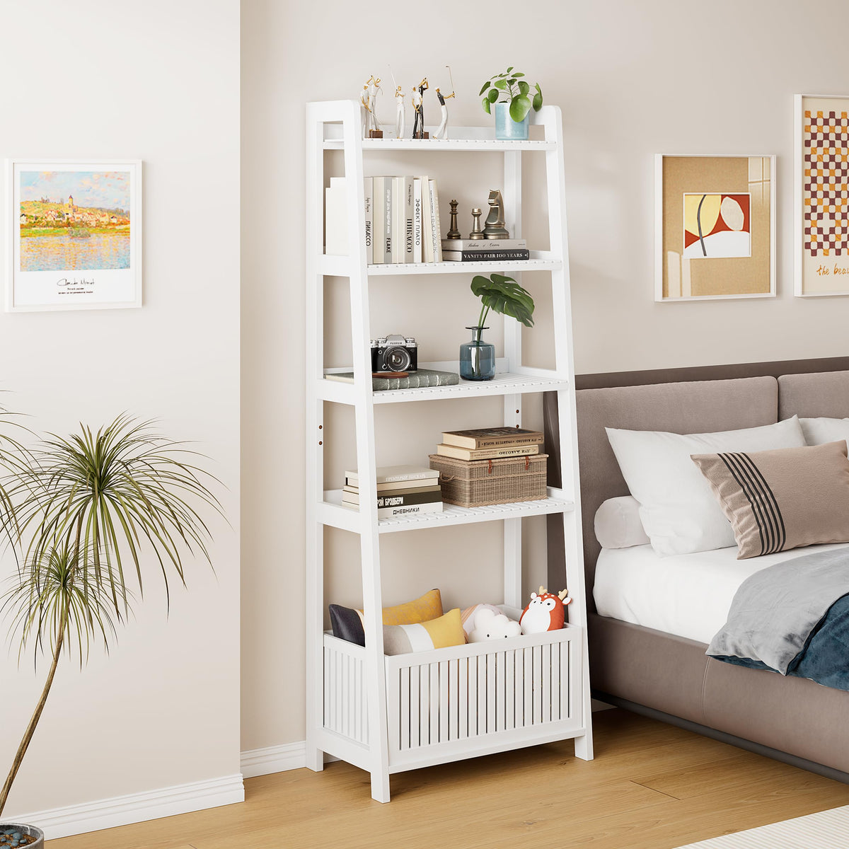 Bamjoy Bamboo Ladder Shelf, Bookshelf with 4 Display Shelves and 1 Open Storage Basket, Multifunctional Storage Rack Organizer for Home Office, Bedroom, Living Room, 66â H Natural