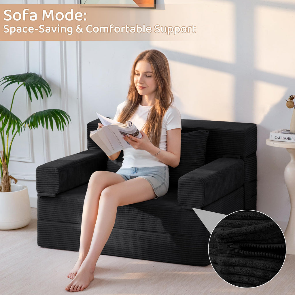 BYBYME Convertible Sofa Bed, 6â Thick 3-Folding Floor Sofa, 53â Loveseat