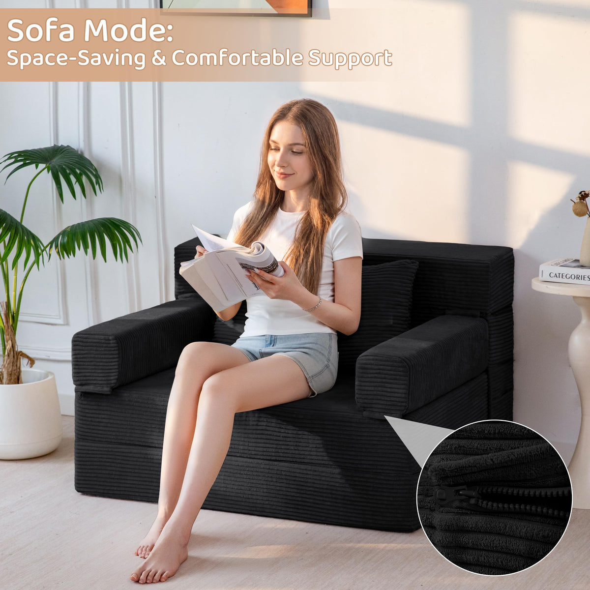 BYBYME Convertible Sofa Bed, 6â Thick 3-Folding Floor Sofa, 53â Loveseat
