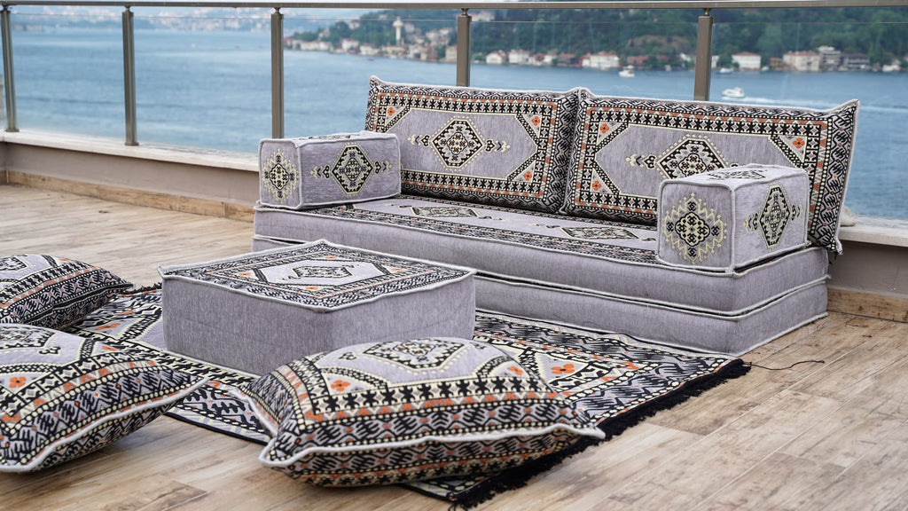 Gray L Shaped Pallet Cushions, Arabic Floor Sofa Set, Oriental Floor Seating, Sectional Floor Cushion, Indoor Floor Pillows, Arabic Majlis Set, Sofa Bed (U Sofa + Rug + Ottoman, 8'' Thickness (20 cm))