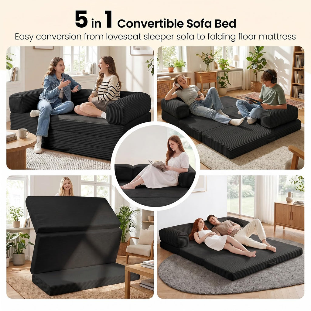 Erament Futon Sofa Bed Queen, Convertible Tri Folding Mattress Foldable with Removable Armrests & Washable Cover, 5-Inch Floor Mattress with High-Density Foam, Small Pull Out Couch Bed, Beige