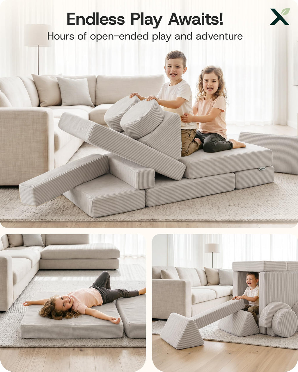 Lunix Modular Kids Play Couch, 14-Piece Fort Building & Climbing Foam Set
