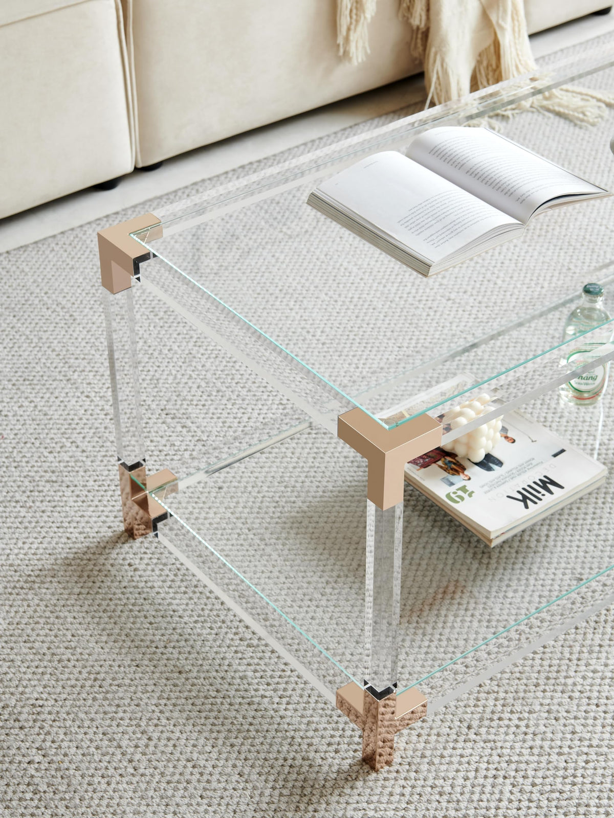 Saint Mossi Gold Round Coffee Table with Clear Glass Top and Glass Shelf