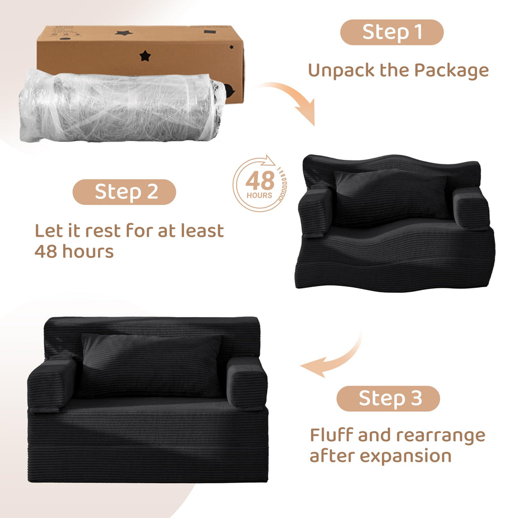 BYBYME Convertible Sofa Bed, 6â Thick 3-Folding Floor Sofa, 53â Loveseat