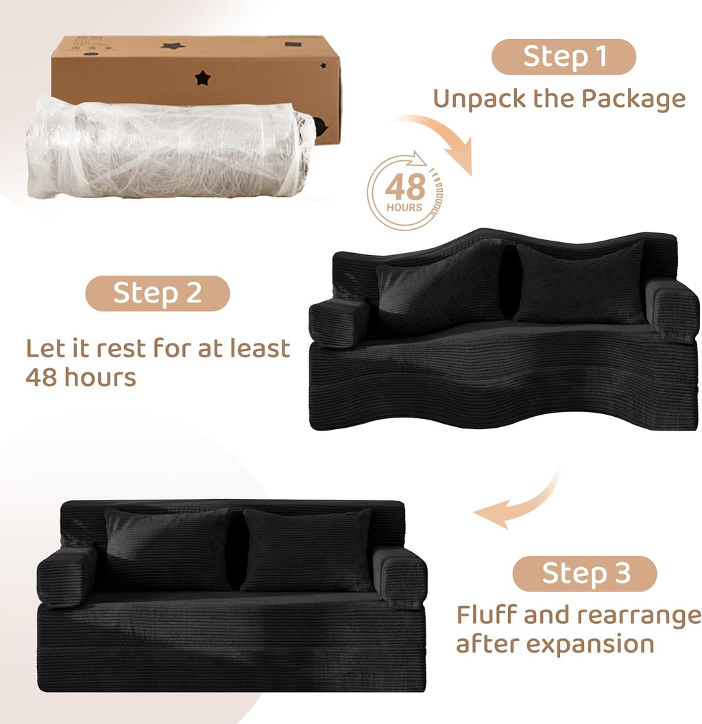 BYBYME Convertible Sofa Bed, 6â Thick 3-Folding Floor Sofa, 53â Loveseat