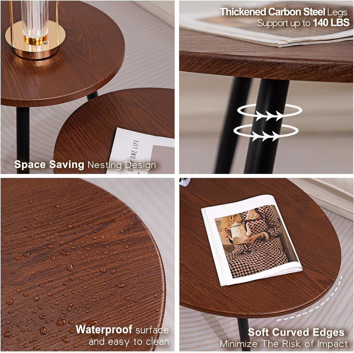 2 Pcs Small Oval Coffee Table,31.5" Retro Walnut Coffee Tables Nesting Tables Set,Easy Assembly Mid Century Modern Coffee Tables for Living Room Office,Coffee Table and End Table Sets