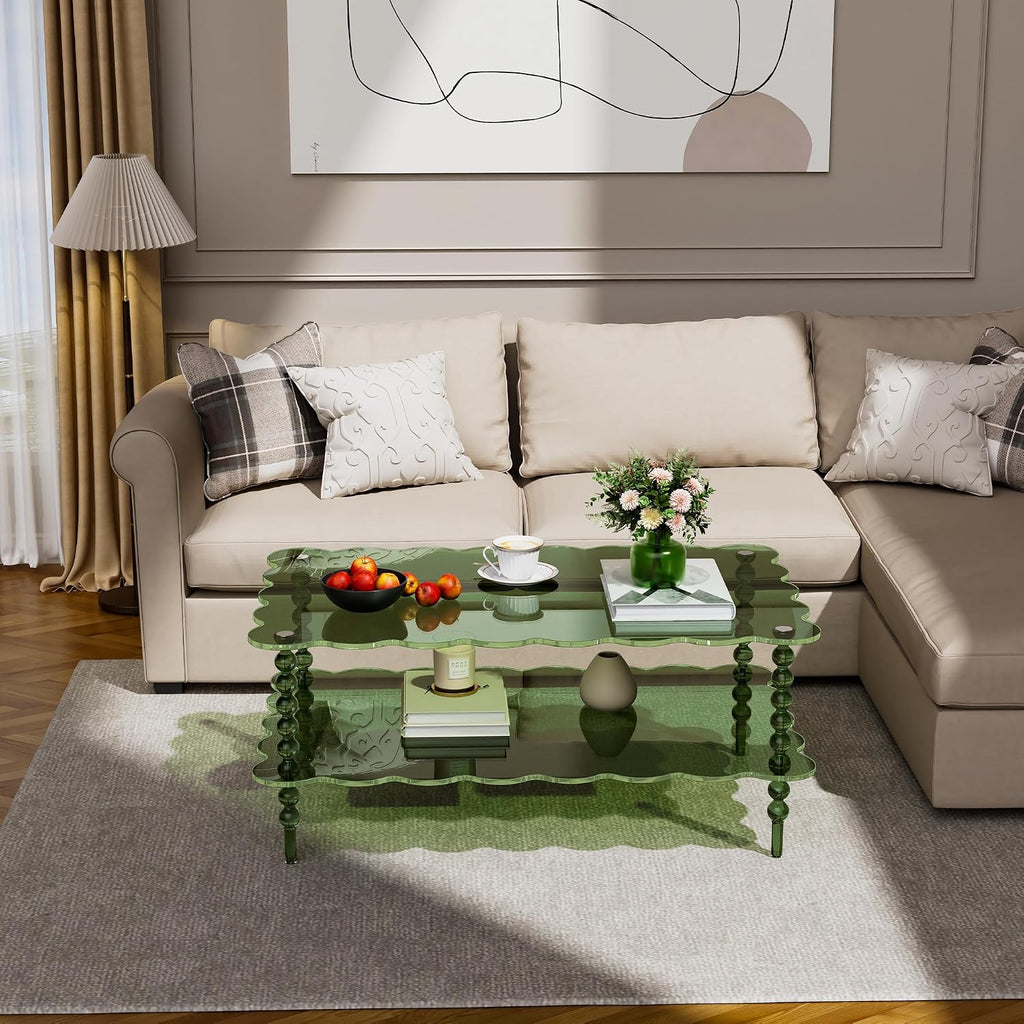 Acrylic Coffee Table, 2-Tier Living Room Table with Storage, Center Table Mid-Modern Century for Living Room, Easy to Assemble (Green, 37.8âÃ23.6âÃ15.7â)