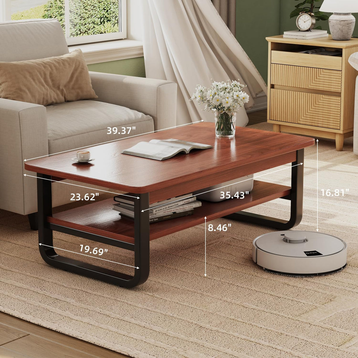 Coffee Table for Living Room with 2-Tier Storage Shelf, 39 inch Rectangular Wooden Center Table, Large Industrial Coffee Tables with Metal Leg & Rounded Corners for Home Office(Black)