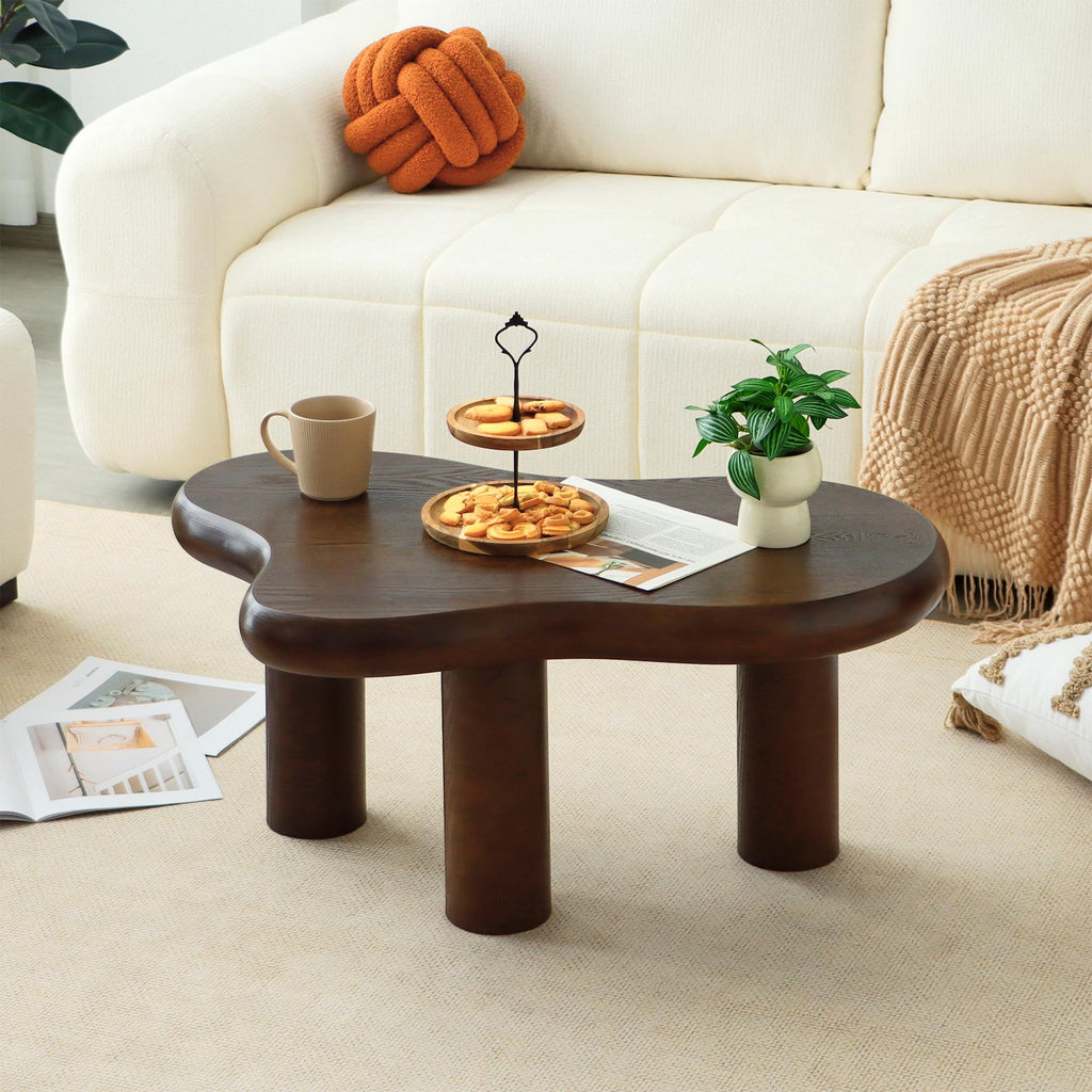 34"(L) Cloud Coffee Table, Modern Wood Coffee Table for Living Room, Accent Center Tables with 3 Legs, Small Tea Tables for Balcony, Patio, Bedroom, Cream White