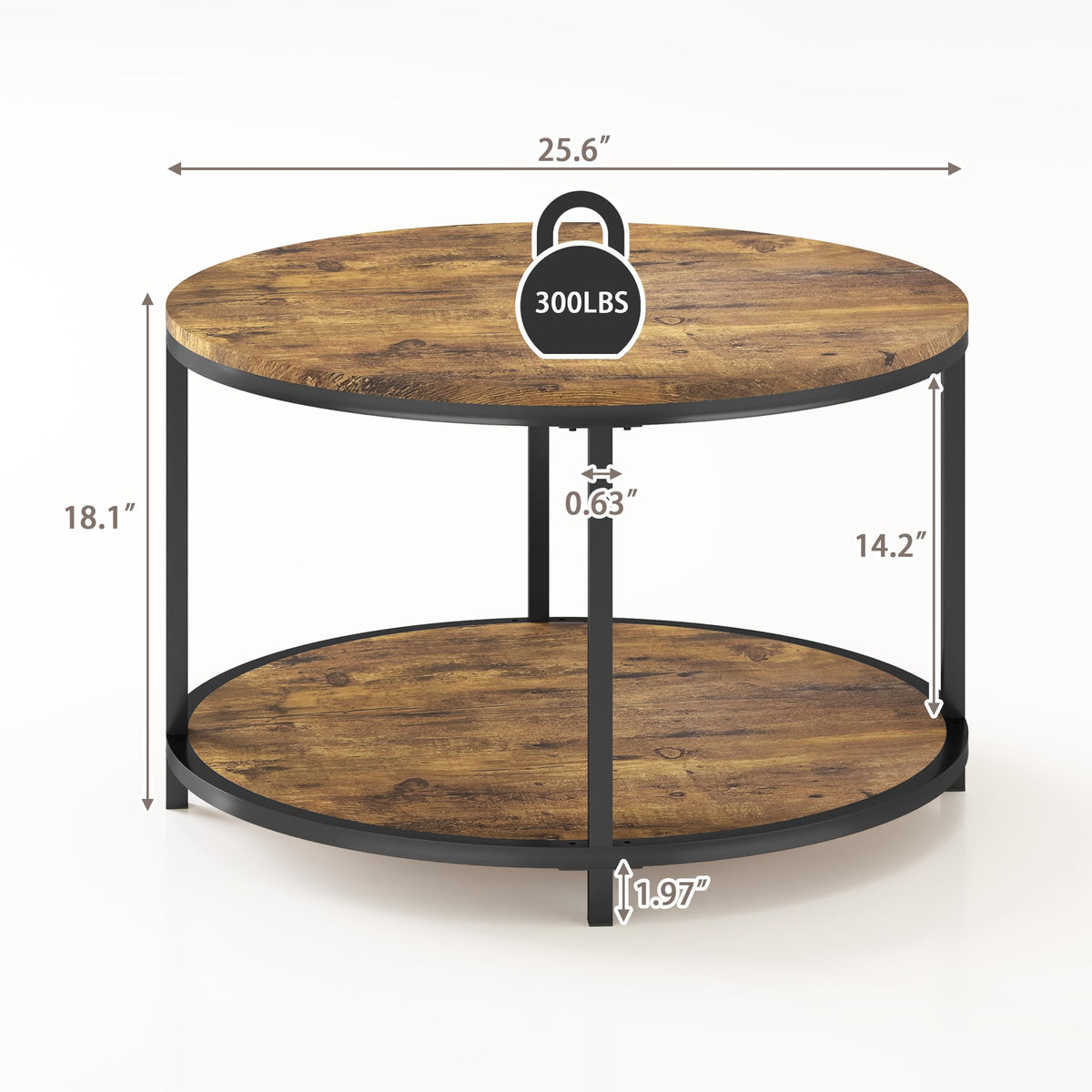 NSdirect Round Coffee Table,36" Coffee Table for Living Room,2-Tier Rustic Wood Desktop with Storage Shelf Modern Design Home Furniture(Light Walnut)