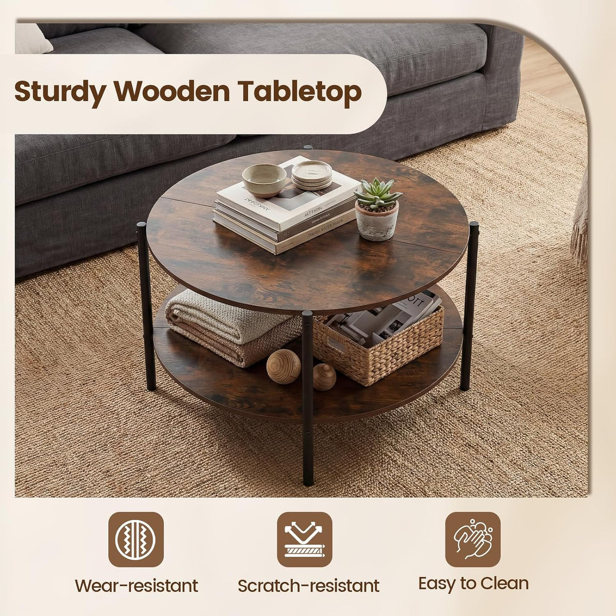 COSTWAY 33.5-inch Wooden Round Coffee Table with Open Storage Shelf, Heavy Duty Metal Frame, 2-Tier Industrial Circle Cocktail Accent Table for Living Room Apartment, Rustic Brown