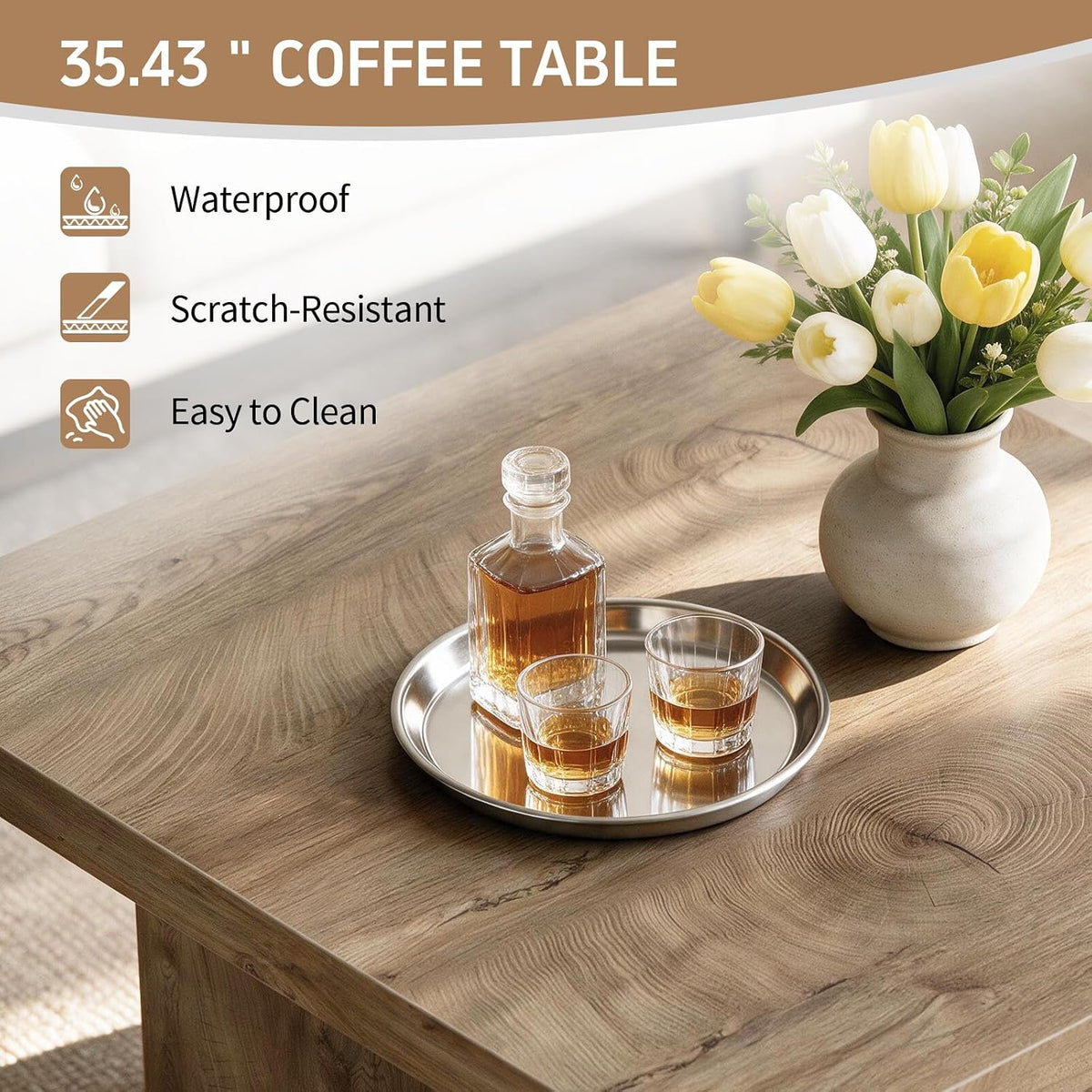Square Coffee Table,Wooden Living Room Table,Center Table with a Large Tabletop,35.4" x 35.4",for Small Spaces, Apartments, Living Rooms, Vintage Brown