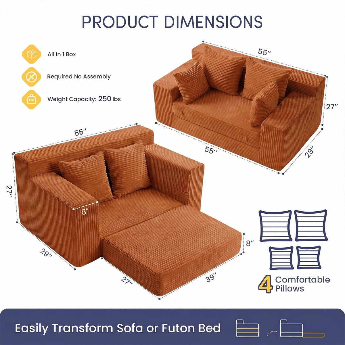 cidludto Convertible Sofa Bed, 3 in 1 Loveseat Folding Couch Bed Foldable - Chaise Lounge Chair & Floor Futon Sofa, Corduroy Pull Out Sofa Bed with 4 Pillows for Living Room, Beige