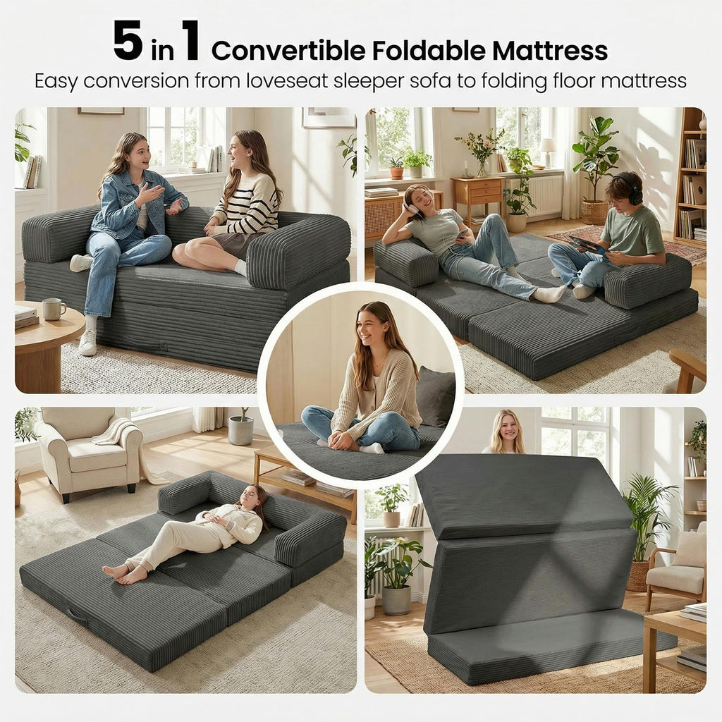Erament Futon Sofa Bed Queen, Convertible Tri Folding Mattress Foldable with Removable Armrests & Washable Cover, 5-Inch Floor Mattress with High-Density Foam, Small Pull Out Couch Bed, Beige