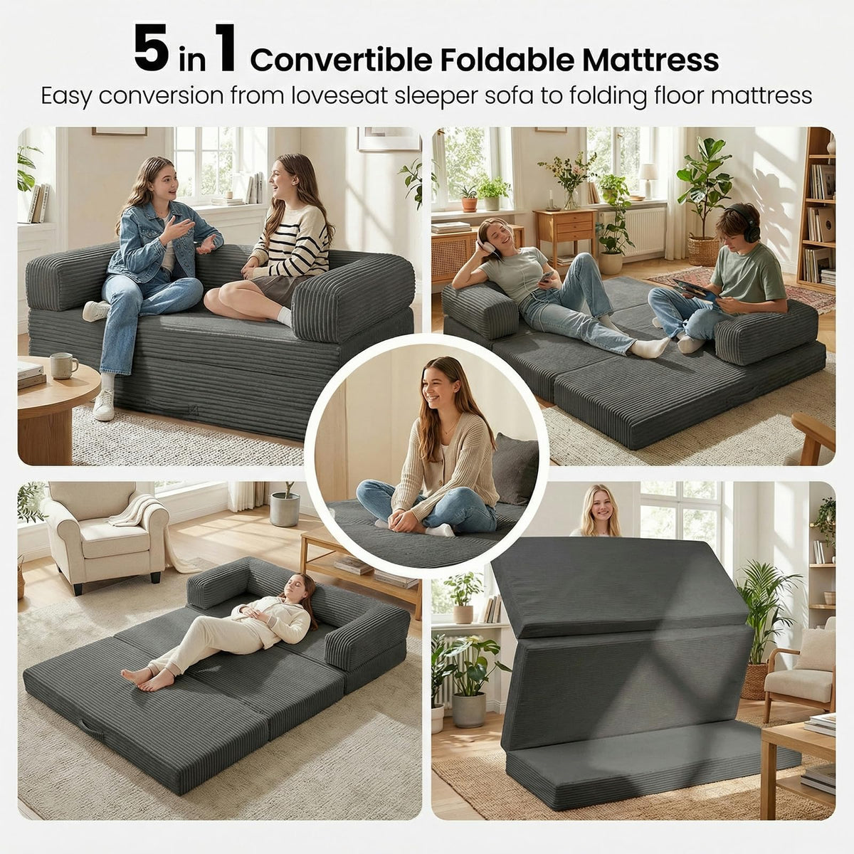 Erament Futon Sofa Bed Queen, Convertible Tri Folding Mattress Foldable with Removable Armrests & Washable Cover, 5-Inch Floor Mattress with High-Density Foam, Small Pull Out Couch Bed, Beige