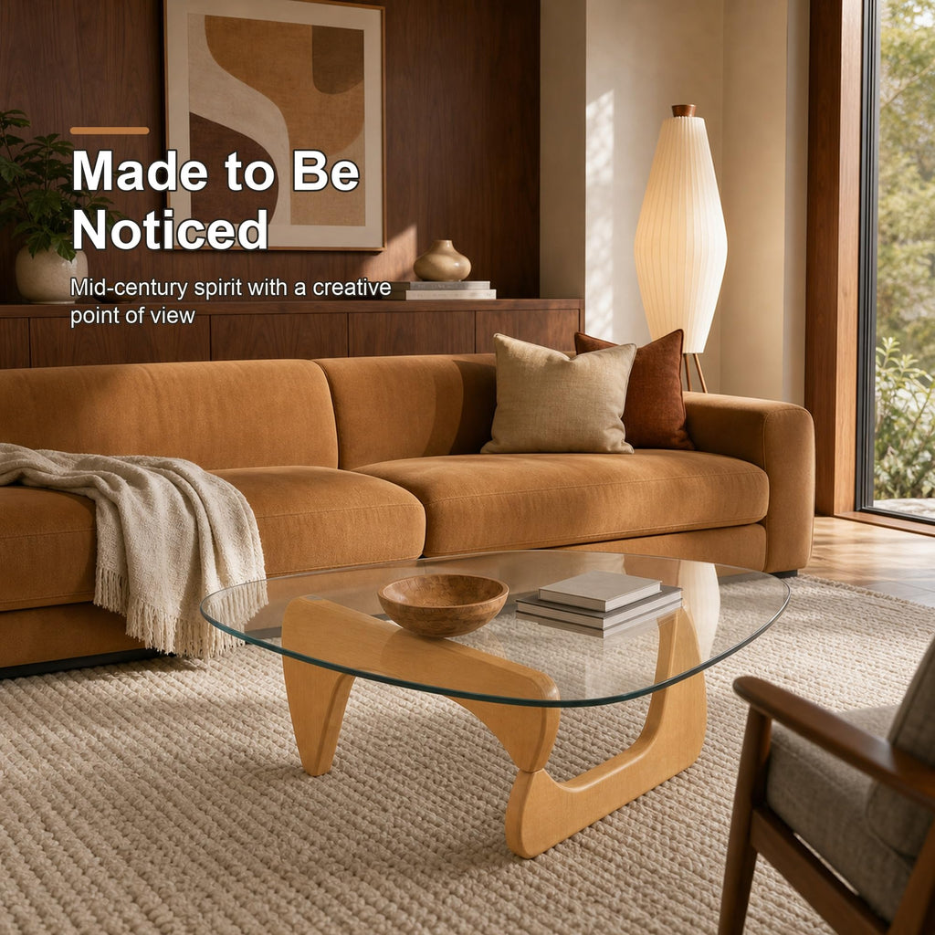 EASYSOUL Modern Glass Coffee Table, 32.68" D x 22.44" W x 15.75" H, Abstract Round Tea Tables for Living Room Home Office Industrial Cocktail Tables (Walnut-Brown Glass, 32.68")