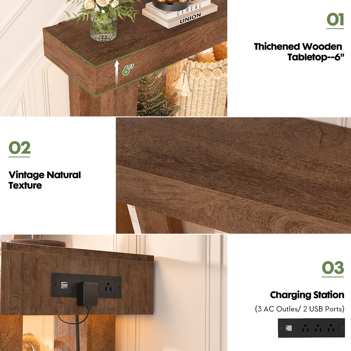 Unikito 63" Console Table with Sensor Light & AC Outlets with USB-C Ports