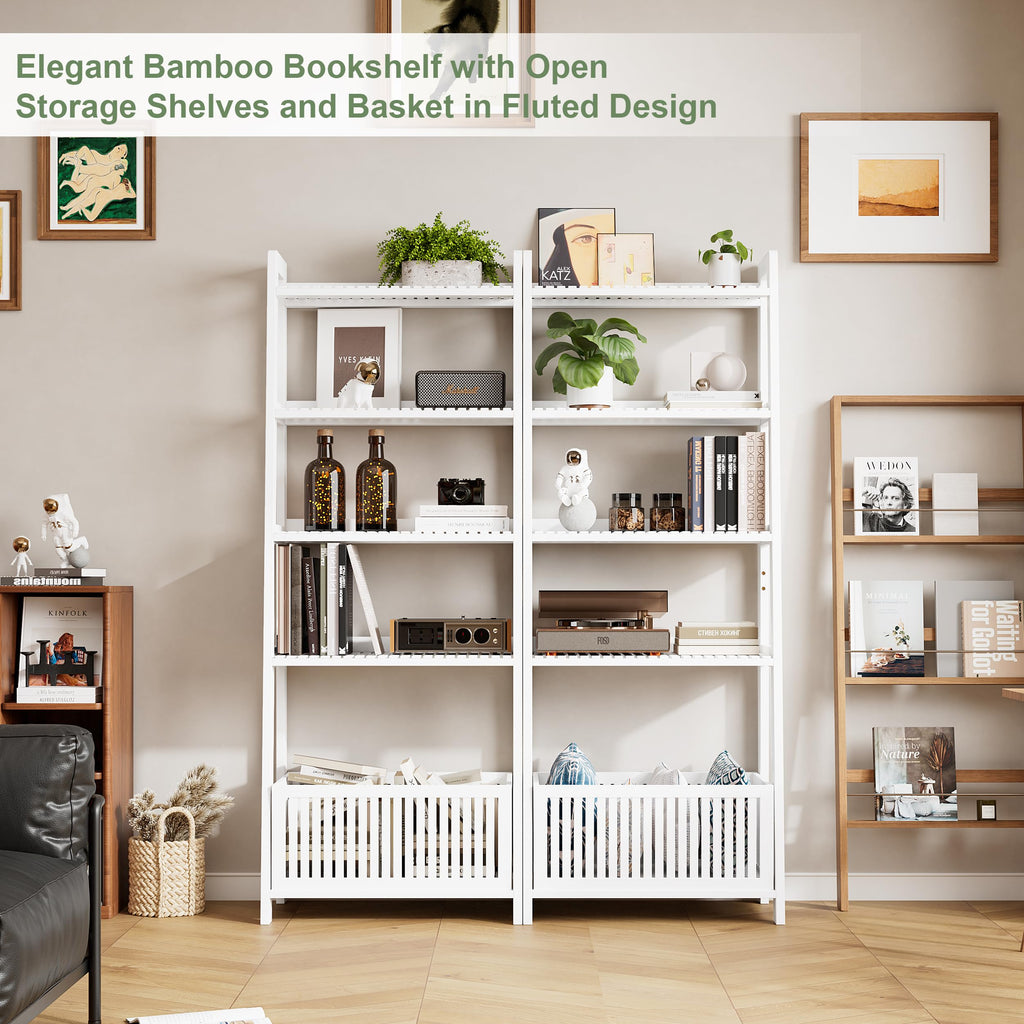 Bamjoy Bamboo Ladder Shelf, Bookshelf with 4 Display Shelves and 1 Open Storage Basket, Multifunctional Storage Rack Organizer for Home Office, Bedroom, Living Room, 66â H Natural