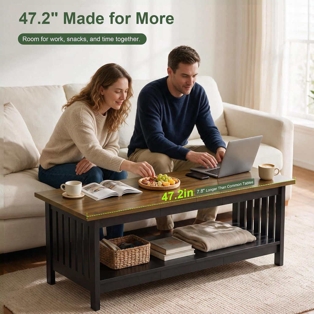 YOSHOOT 47.2" Farmhouse Coffee Table - Coffee Tables for Living Room, Small Coffee Table with Storage, Center Table for Living Room, Bedroom, Office, Black