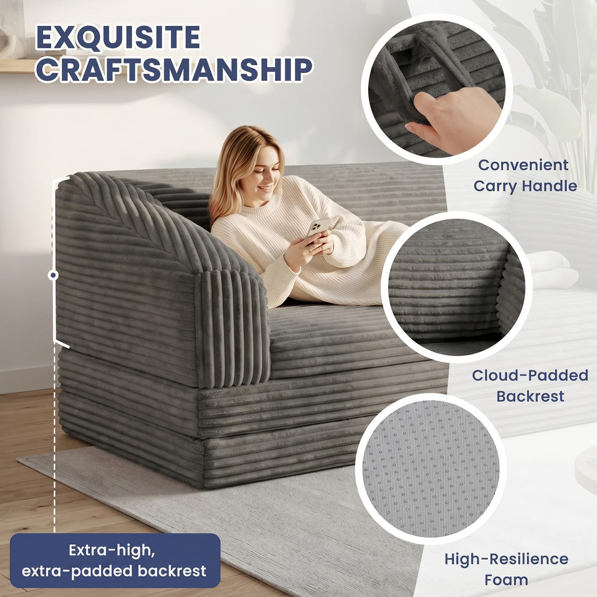 Convertible Folding Sofa Bed, 2-in-1 Single Boneless Sofa with Soft Corduroy & Ultra-Thick Backrest, Foldable Boneless Chair Lounger Sleeper Sofa for Small Apartment, Living Room, Home Office