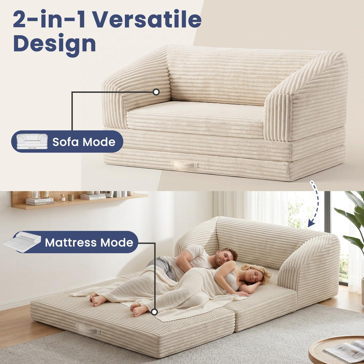 Convertible Folding Sofa Bed, 2-in-1 Single Boneless Sofa with Soft Corduroy & Ultra-Thick Backrest, Foldable Boneless Chair Lounger Sleeper Sofa for Small Apartment, Living Room, Home Office