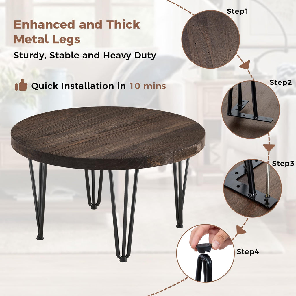 FLYJOE Rustic Wood Round Coffee Table with Metal Legs, Solid Elm Wood Top and Non-Slip Feet Pads - Farmhouse Style for Living Room, Natural