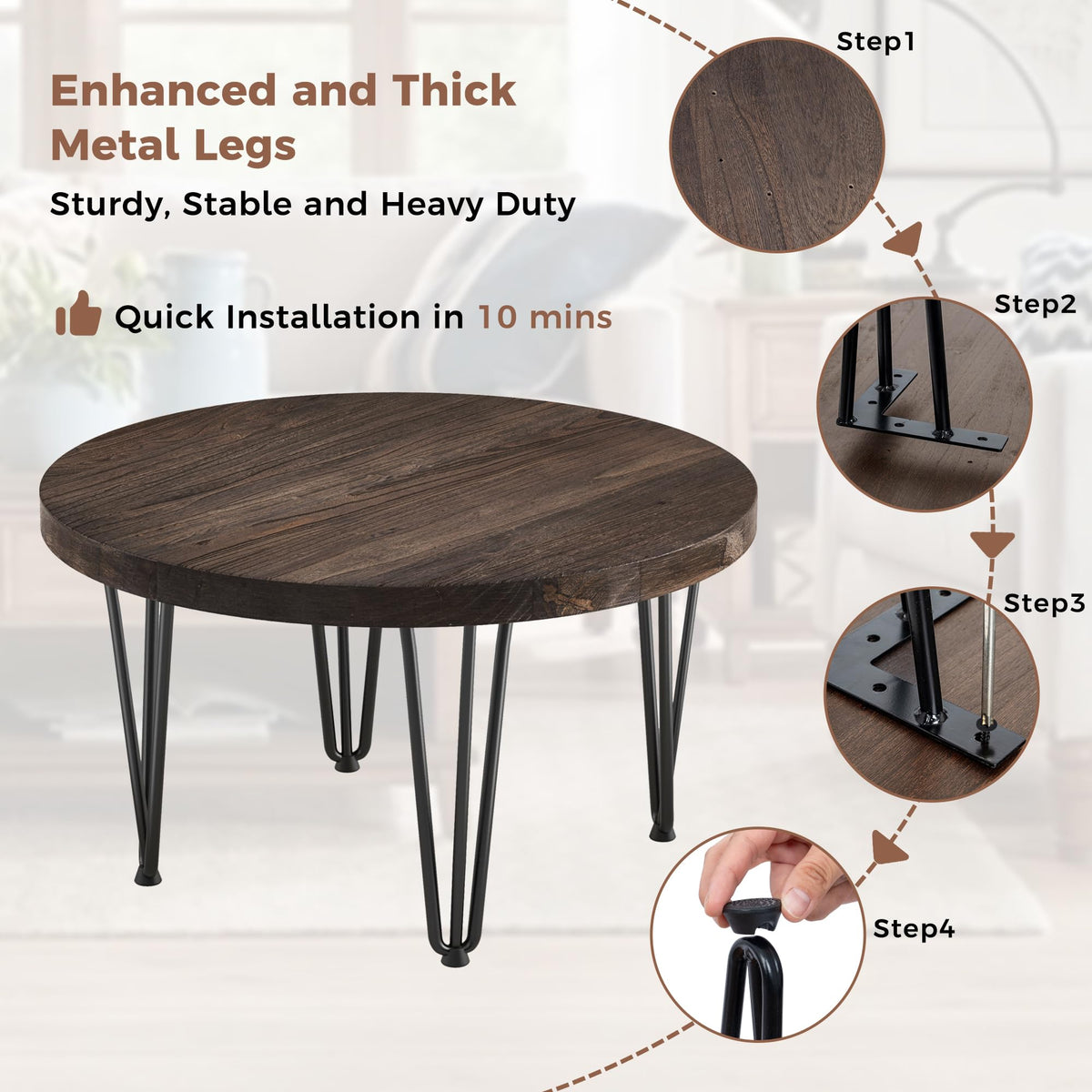 FLYJOE Rustic Wood Round Coffee Table with Metal Legs, Solid Elm Wood Top and Non-Slip Feet Pads - Farmhouse Style for Living Room, Natural