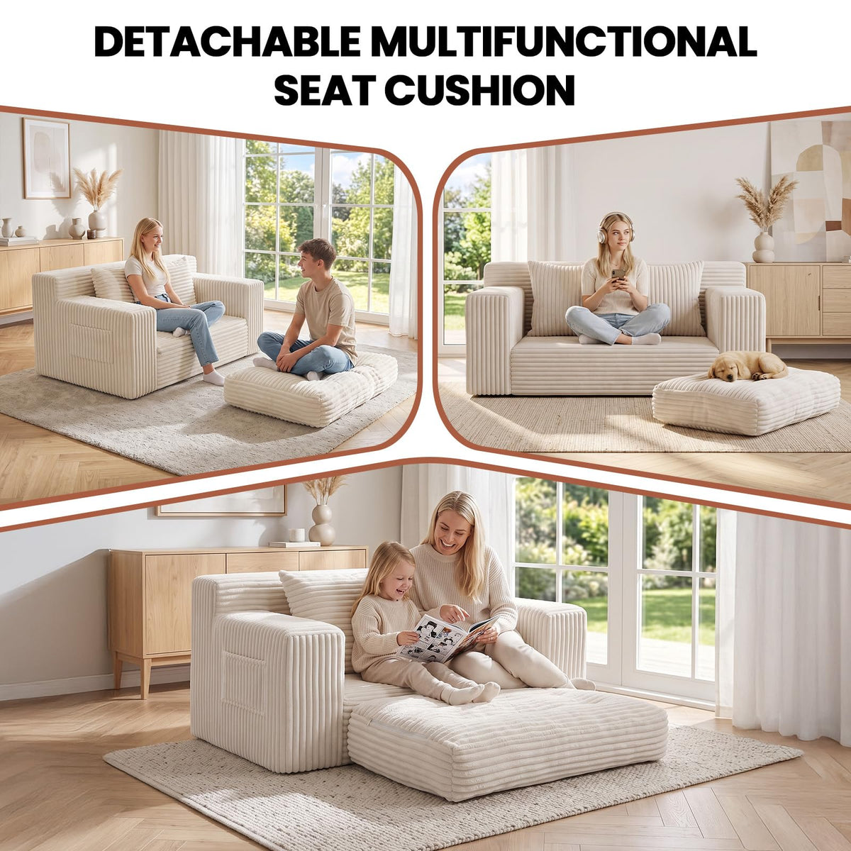 Small Boneless Couch, Boneless Loveseat Convertible Sofa Bed Sleeper Sofa Couch Bed with 2 Pillows, Corduroy Folding Floor Futon Foldable Boneless Couch for Living Room, Guest Room, Small Space, Black