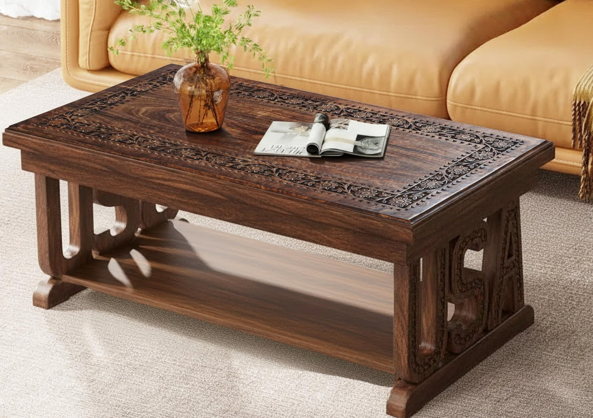 Farmhouse Coffee Table, Jali Carving, 36x24x18 in, Burnt