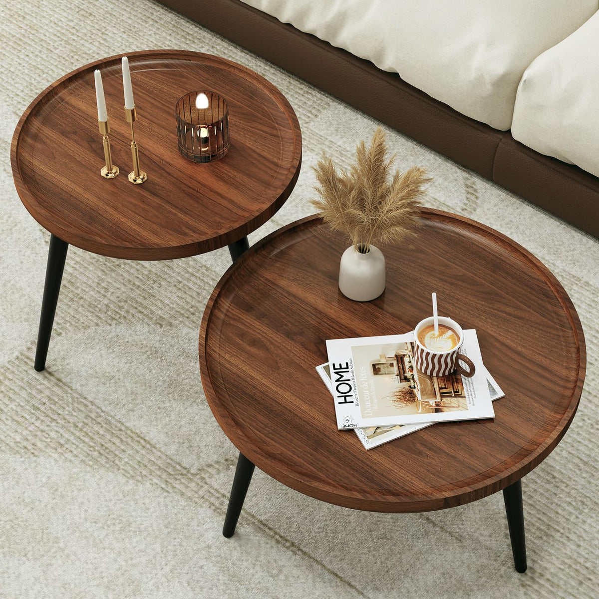 2 Pcs Small Oval Coffee Table,31.5" Retro Walnut Coffee Tables Nesting Tables Set,Easy Assembly Mid Century Modern Coffee Tables for Living Room Office,Coffee Table and End Table Sets