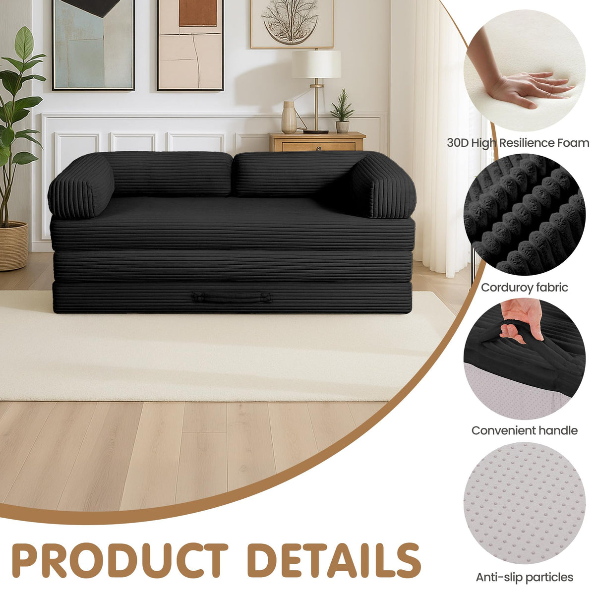 Convertible Sofa Bed Queen,5-in-1 Boneless Couch with Removable Armrests & Handle,Corduroy Futon Sleeper Sofa,Floor Folding Mattress Pull Out Bed for Small Space Apartment Living Room Bedroom,Green