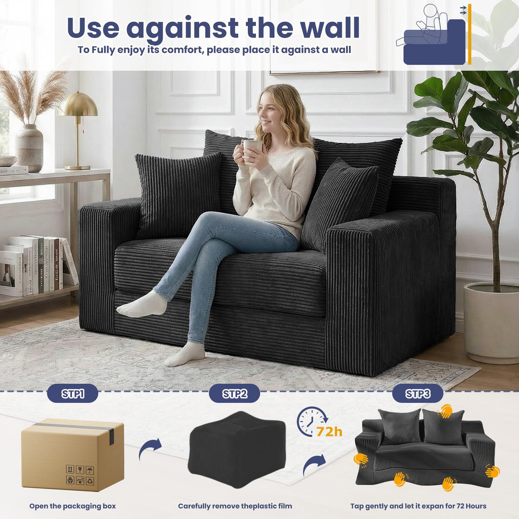 3-in-1 Convertible Sofa Bed: Boneless Loveseat Sleeper & Folding Couch Bed with 4 Pillows & Detachable Cushion, Furry Futon Couch for Bedroom, Apartment, Office and Living Room, No Assembly, Orange