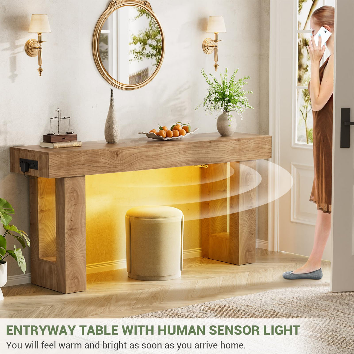 Unikito 63" Console Table with Sensor Light & AC Outlets with USB-C Ports