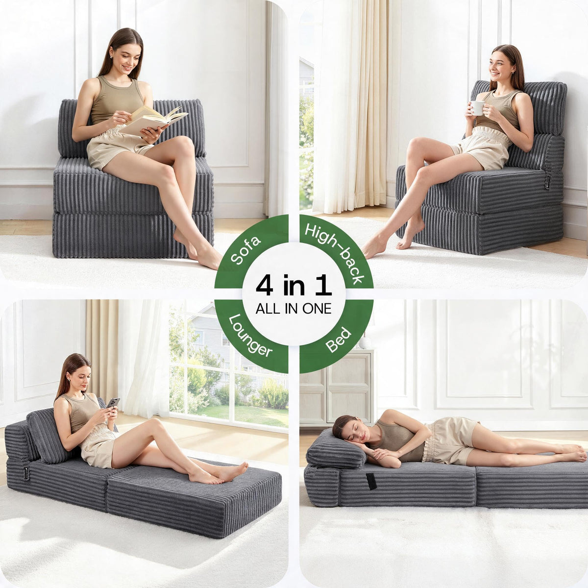 Folding Sofa Bed Convertible 4 in 1 Sleeper Chair Black Single