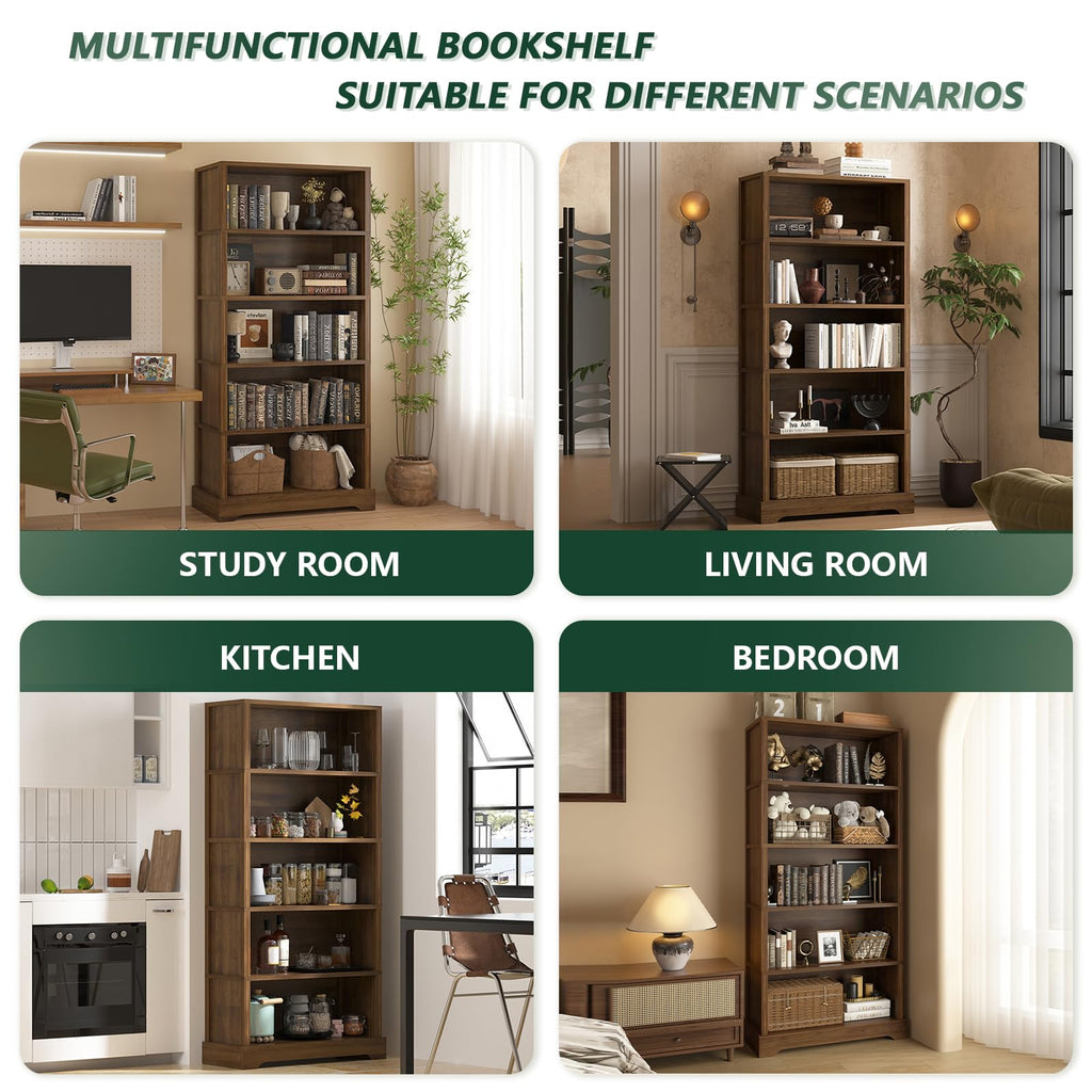 TVU 5 Tiers Wooden Bookshelf, 65.2" Tall Farmhouse Style Open Bookcase, 31.5" Wide Standing Book Shelf with Storage for Study Room, Living Room, Walnut Brown