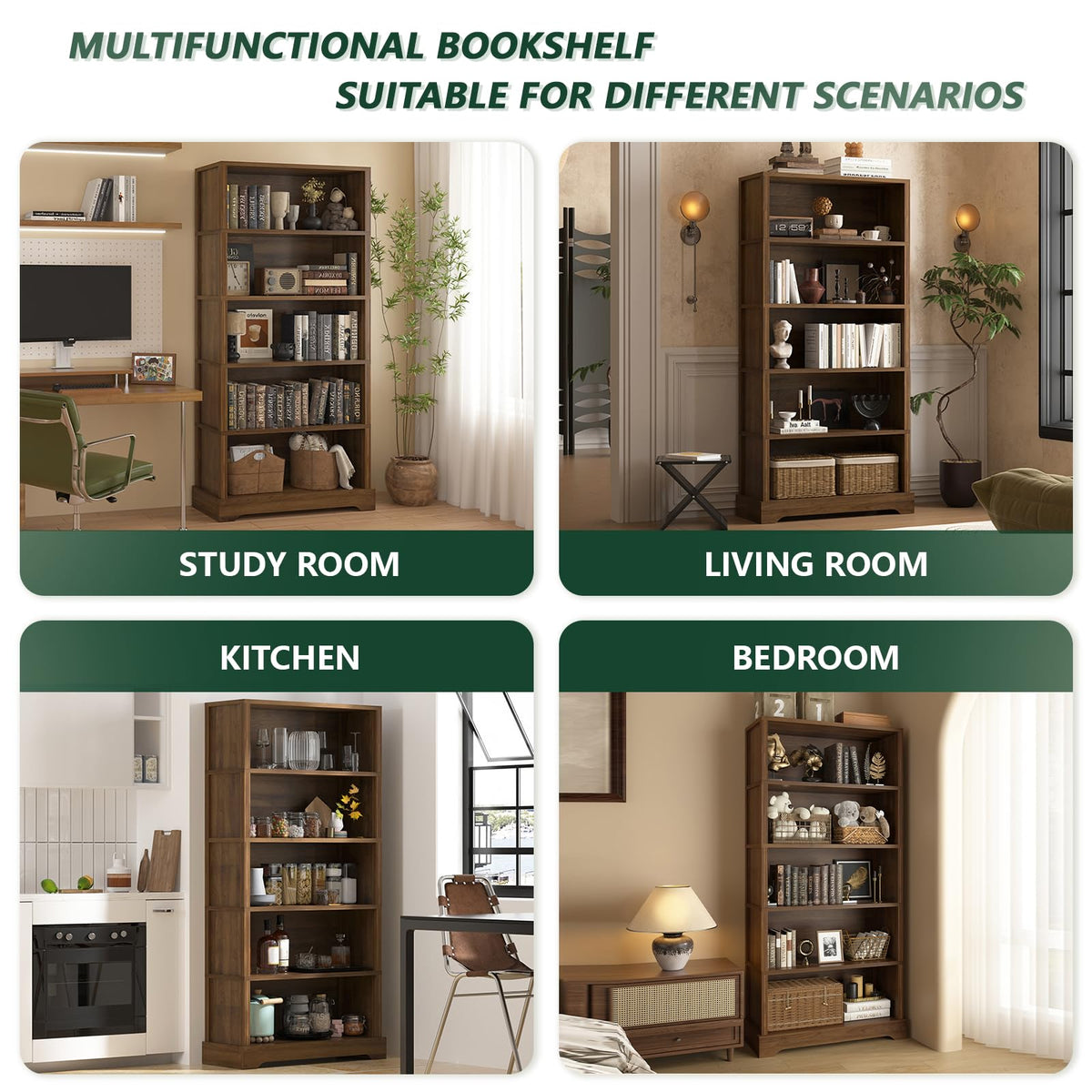 TVU 5 Tiers Wooden Bookshelf, 65.2" Tall Farmhouse Style Open Bookcase, 31.5" Wide Standing Book Shelf with Storage for Study Room, Living Room, Walnut Brown