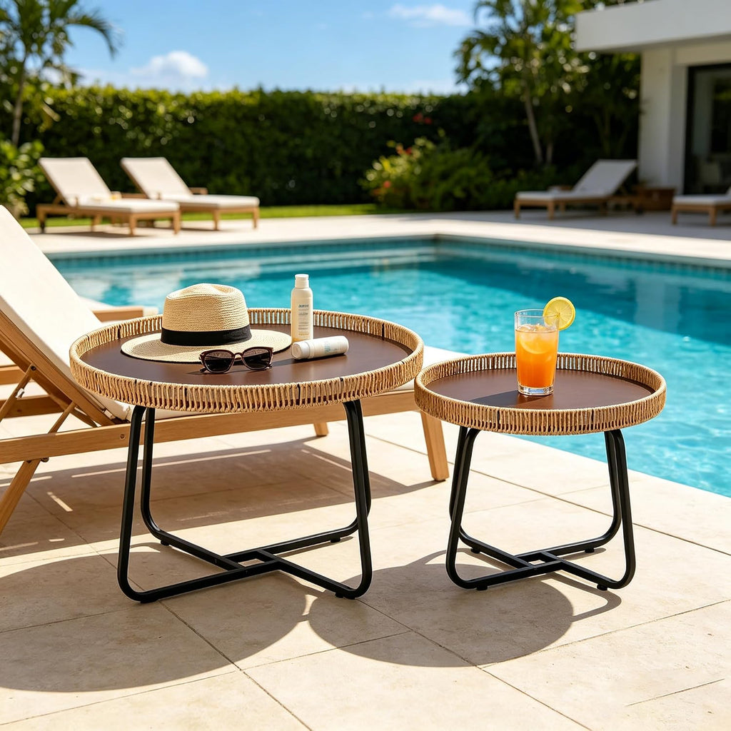 Round Nesting Coffee Table Set of 2, 27.6"+19.7" Nesting Side Tables with Woven Edge and Metal Frame, Modern Circle End Tables for Living Room Bedroom Office Balcony Yard Patio Indoor Outdoor