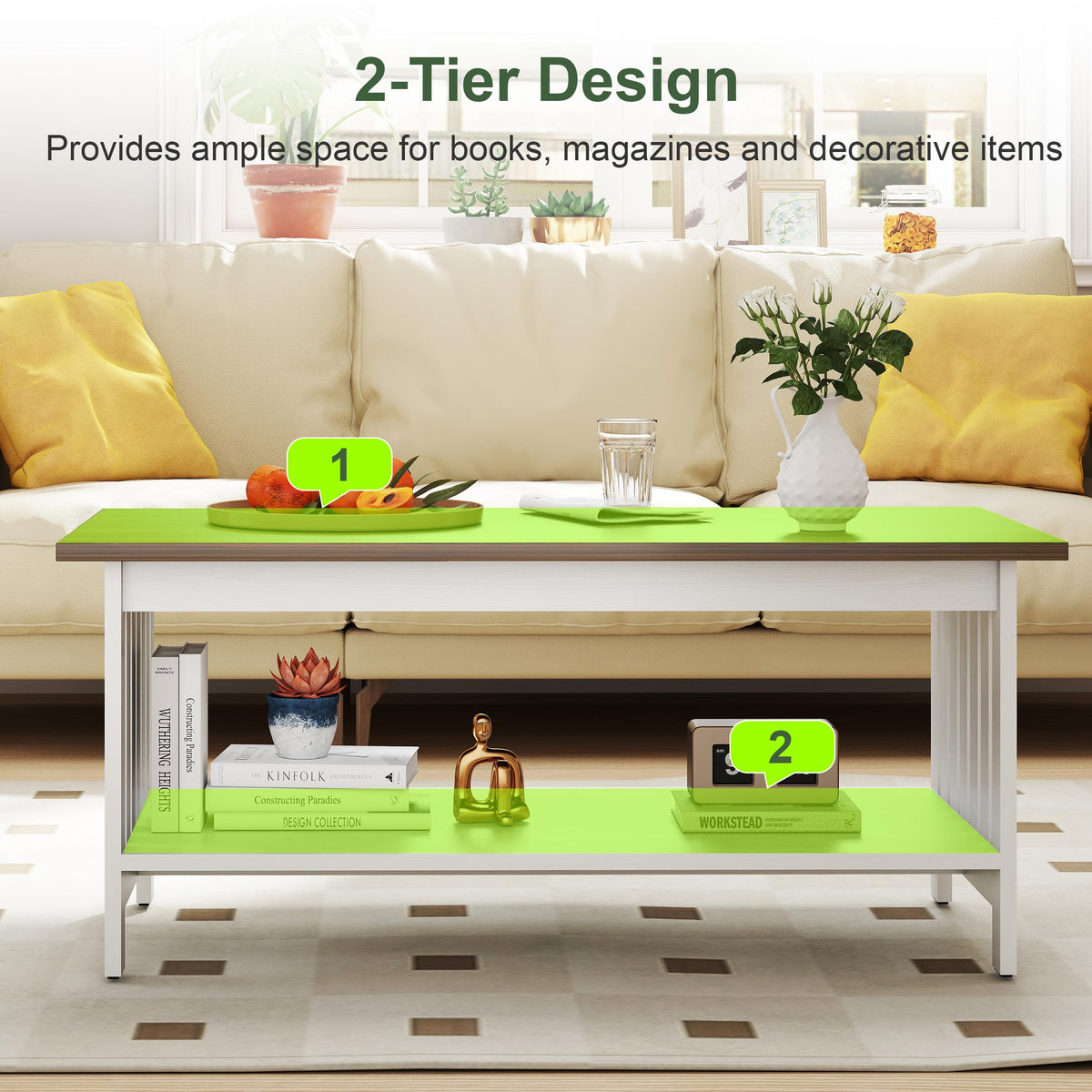 YOSHOOT 47.2" Farmhouse Coffee Table - Coffee Tables for Living Room, Small Coffee Table with Storage, Center Table for Living Room, Bedroom, Office, Black
