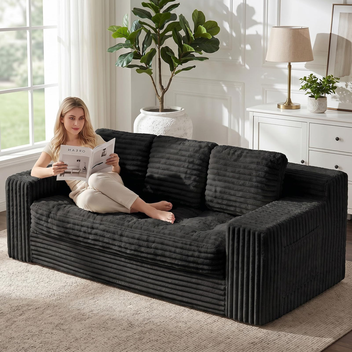 Boneless Couch, Cloud Loveseat Sofa Corduroy Couch in a Box, Upholstered Boneless 3 Seater Couch for Living Room Bedroom Office Apartment