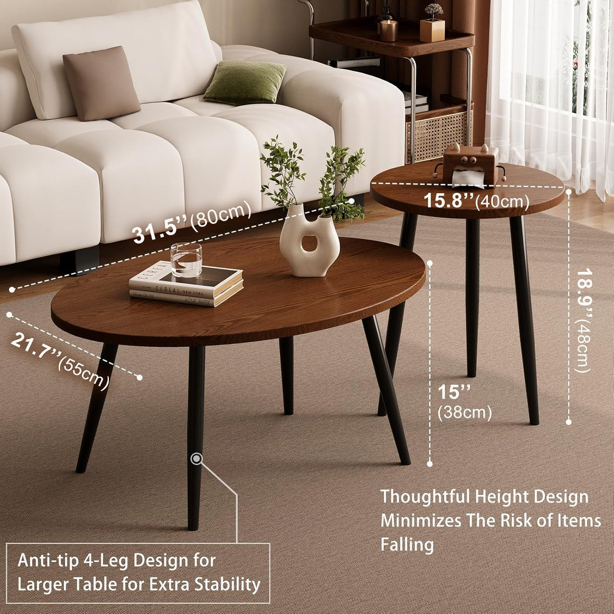 2 Pcs Small Oval Coffee Table,31.5" Retro Walnut Coffee Tables Nesting Tables Set,Easy Assembly Mid Century Modern Coffee Tables for Living Room Office,Coffee Table and End Table Sets