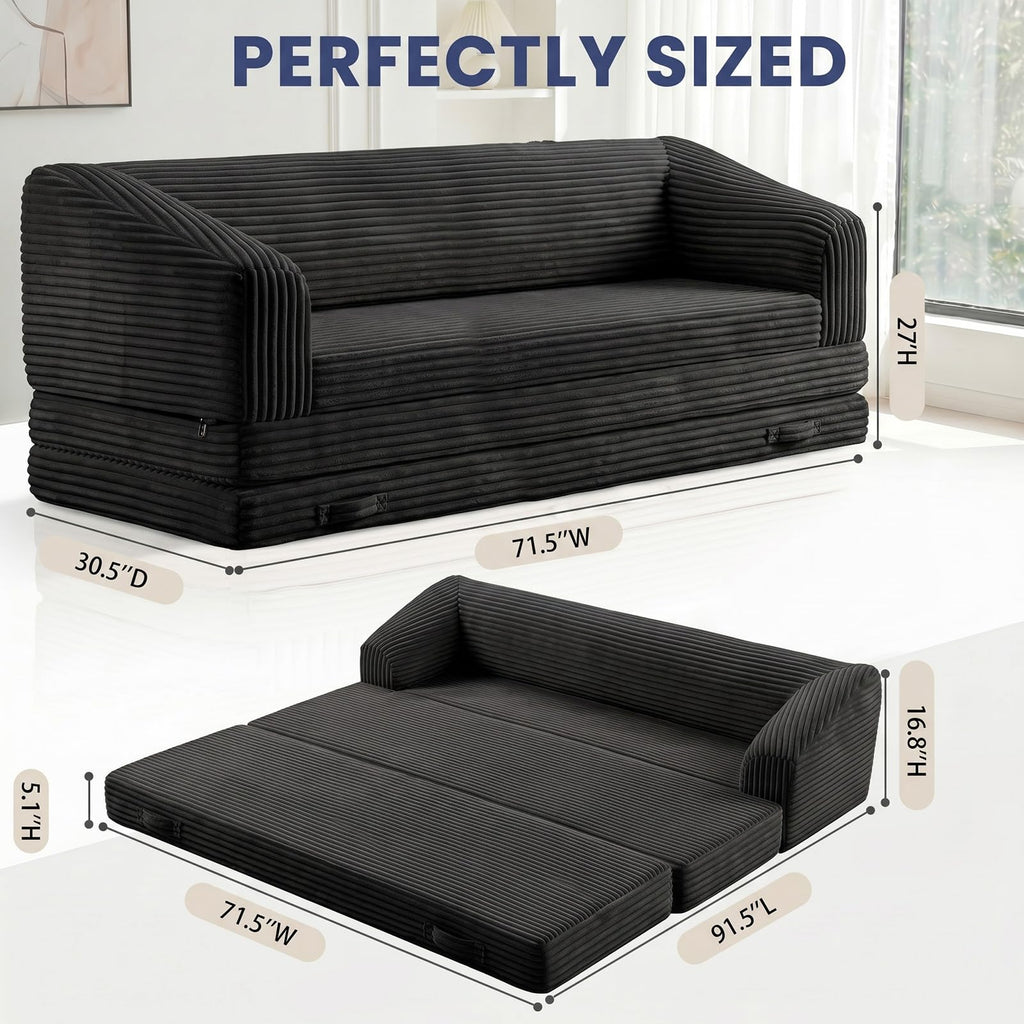 Convertible Folding Sofa Bed, 2-in-1 Single Boneless Sofa with Soft Corduroy & Ultra-Thick Backrest, Foldable Boneless Chair Lounger Sleeper Sofa for Small Apartment, Living Room, Home Office