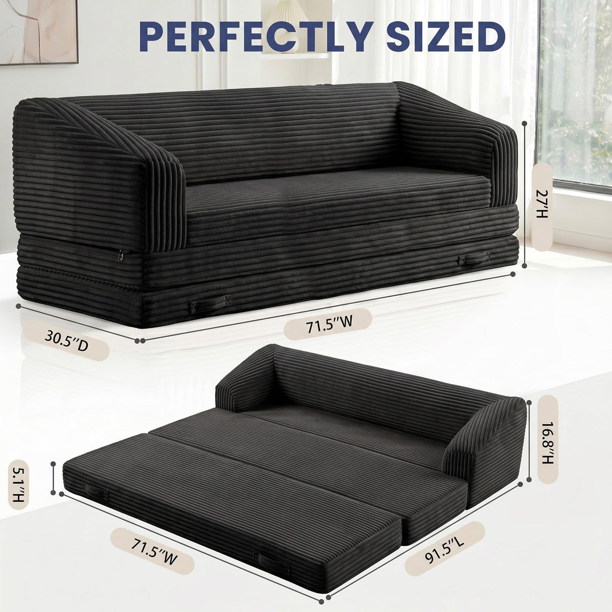 Convertible Folding Sofa Bed, 2-in-1 Single Boneless Sofa with Soft Corduroy & Ultra-Thick Backrest, Foldable Boneless Chair Lounger Sleeper Sofa for Small Apartment, Living Room, Home Office