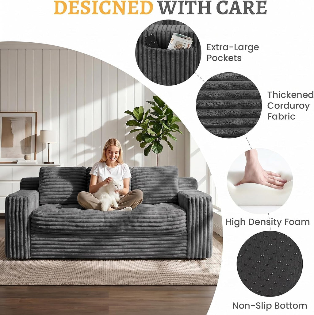 Boneless Couch, Cloud Loveseat Sofa Corduroy Couch in a Box, Upholstered Boneless 3 Seater Couch for Living Room Bedroom Office Apartment