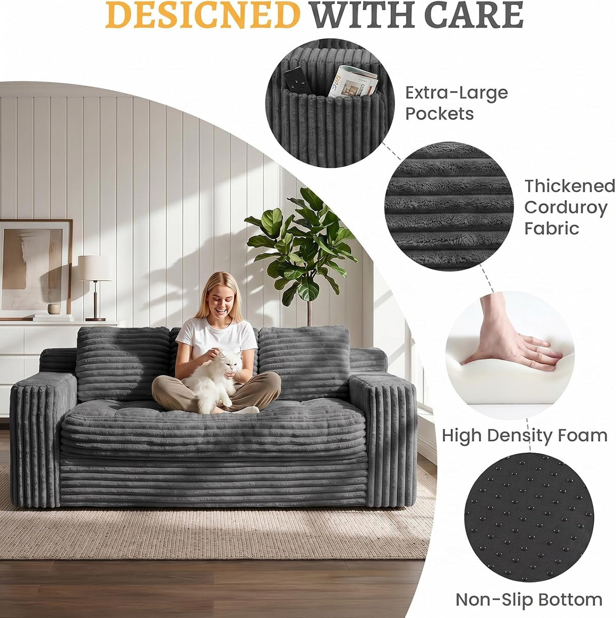 Boneless Couch, Cloud Loveseat Sofa Corduroy Couch in a Box, Upholstered Boneless 3 Seater Couch for Living Room Bedroom Office Apartment