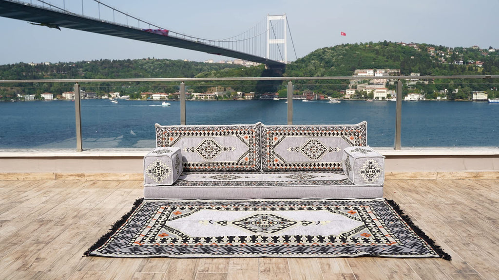 Gray L Shaped Pallet Cushions, Arabic Floor Sofa Set, Oriental Floor Seating, Sectional Floor Cushion, Indoor Floor Pillows, Arabic Majlis Set, Sofa Bed (U Sofa + Rug + Ottoman, 8'' Thickness (20 cm))