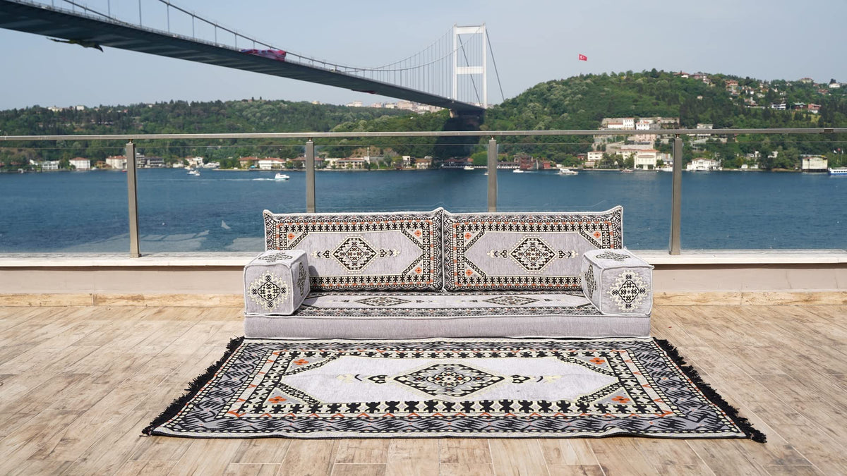 Gray L Shaped Pallet Cushions, Arabic Floor Sofa Set, Oriental Floor Seating, Sectional Floor Cushion, Indoor Floor Pillows, Arabic Majlis Set, Sofa Bed (U Sofa + Rug + Ottoman, 8'' Thickness (20 cm))