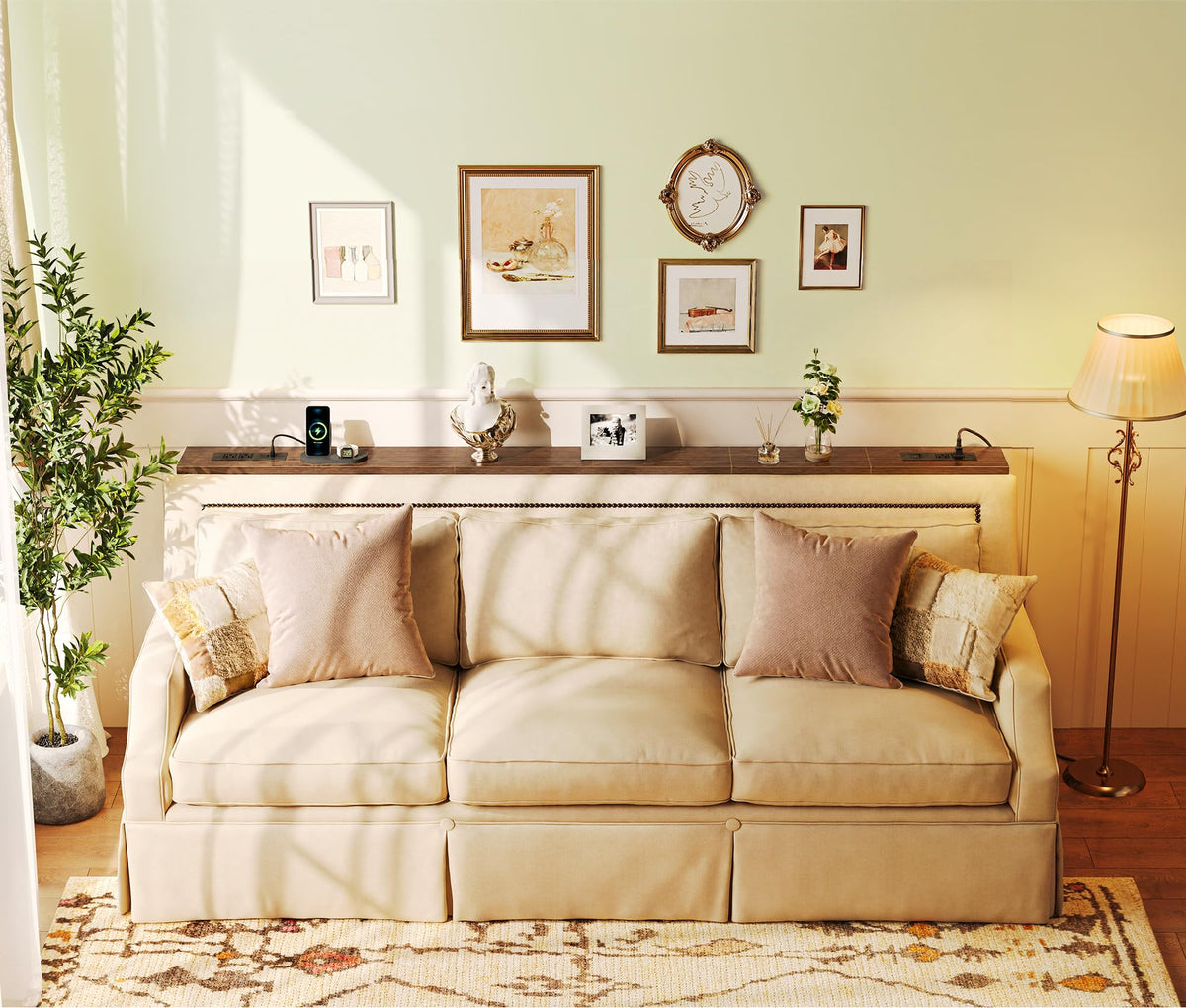 SUPERJARE 110.2 inch Narrow Behind Couch Table with Charging Stations