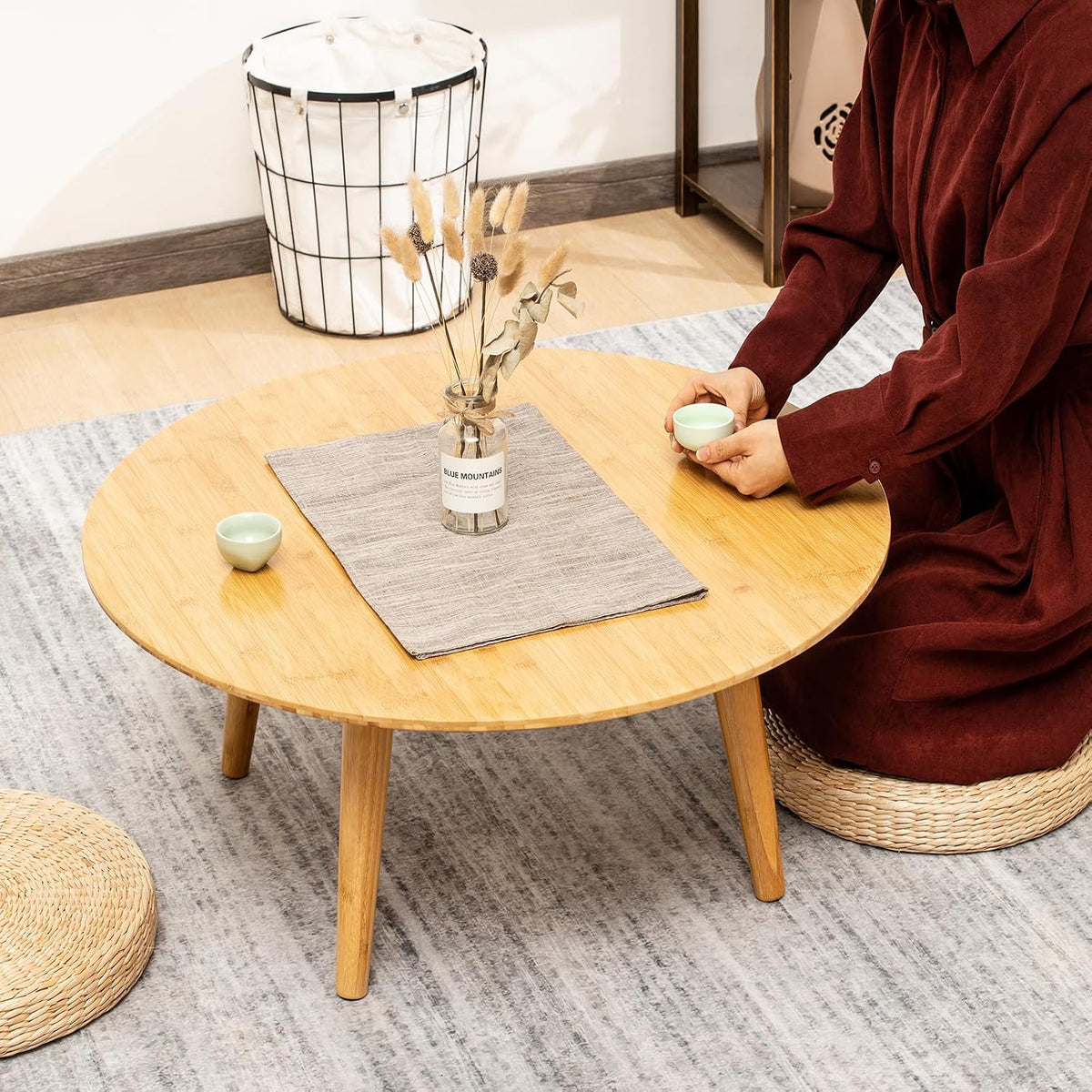 Furlide Small Round Coffee Table, Bamboo Mid Century Floor Table