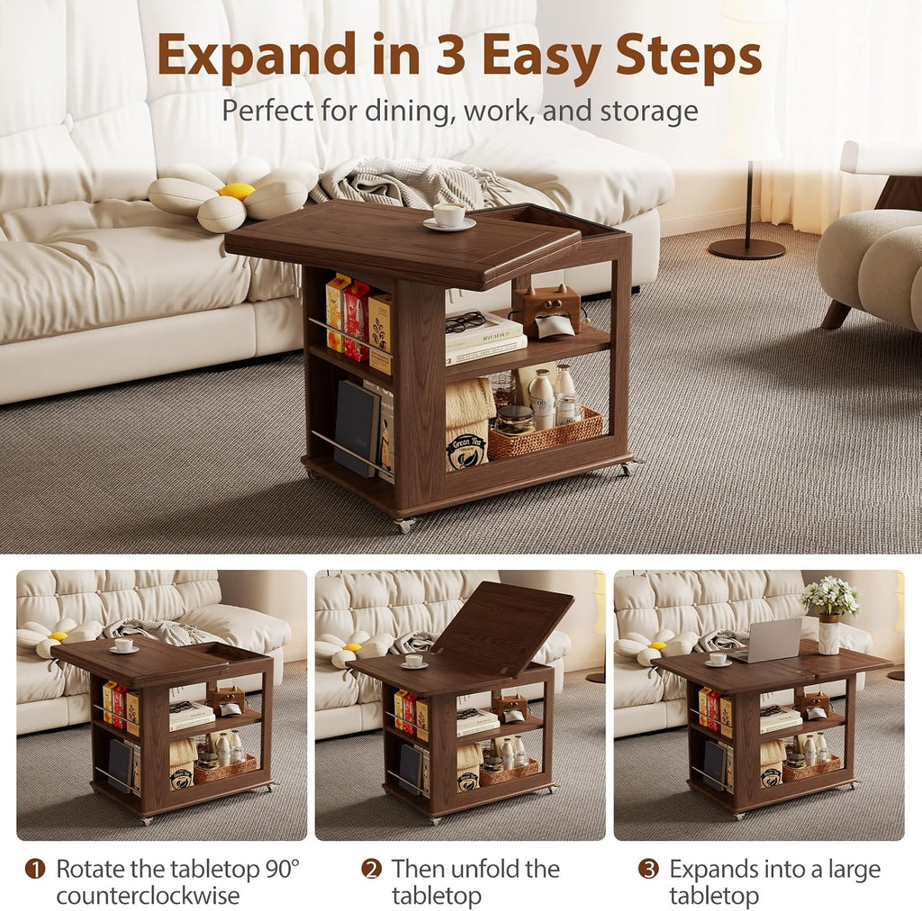 Expandable Coffee Table with Hidden Storage and Adjustable Shelves Walnut