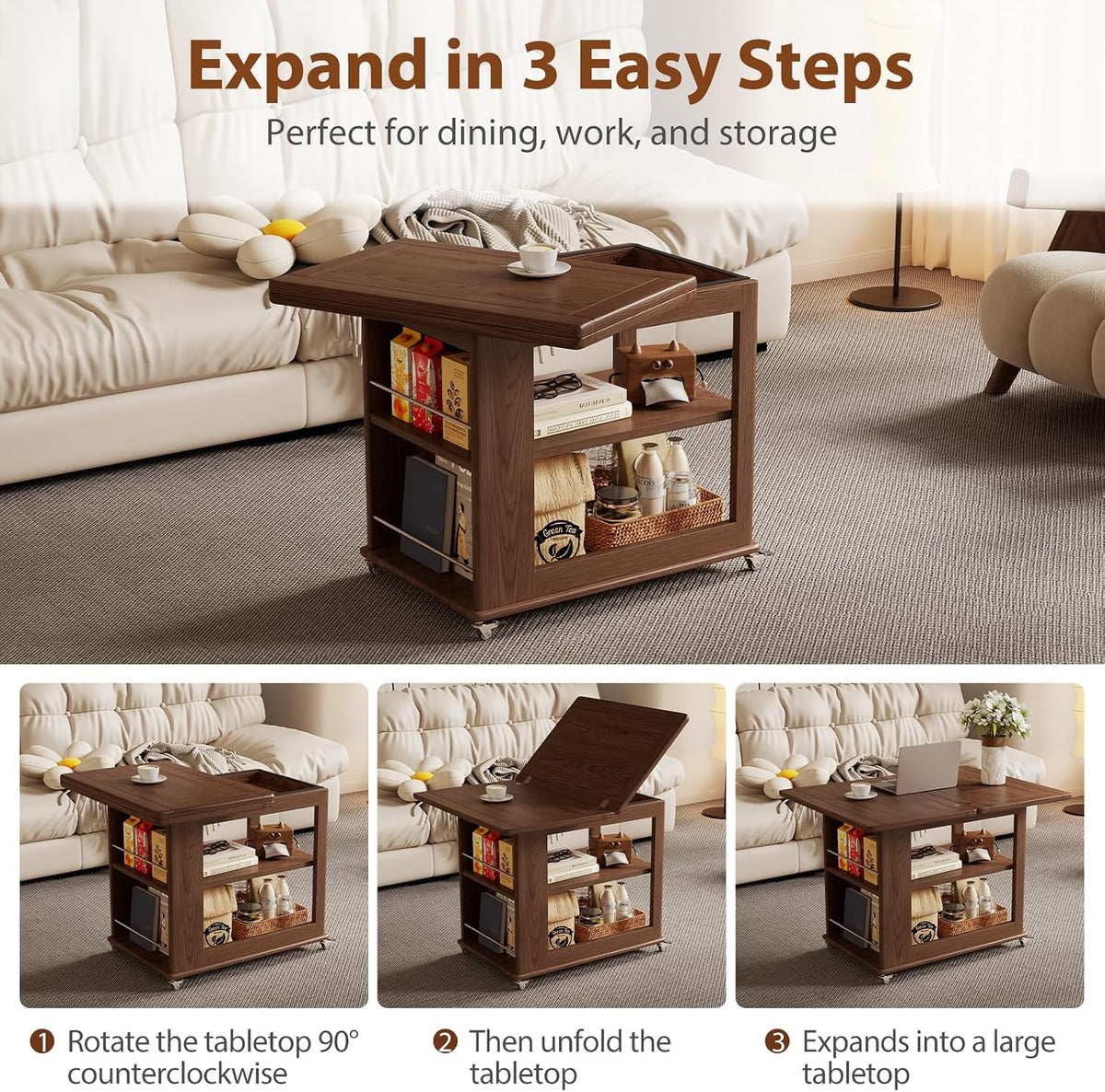 Expandable Coffee Table with Hidden Storage and Adjustable Shelves Walnut
